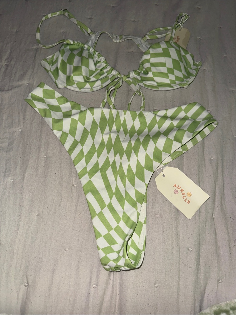 Aurielle Green and White Checkerboard Bikini Set